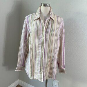 Coldwater Creek Womens Plus 1X Striped Button Up Shirt Linen Blend Long Sleeve